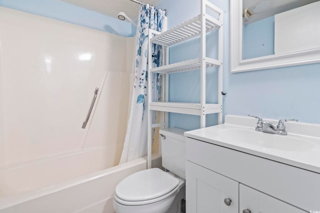 bathroom with toilet, shower / bath combo with shower curtain, a textured ceiling, and vanity