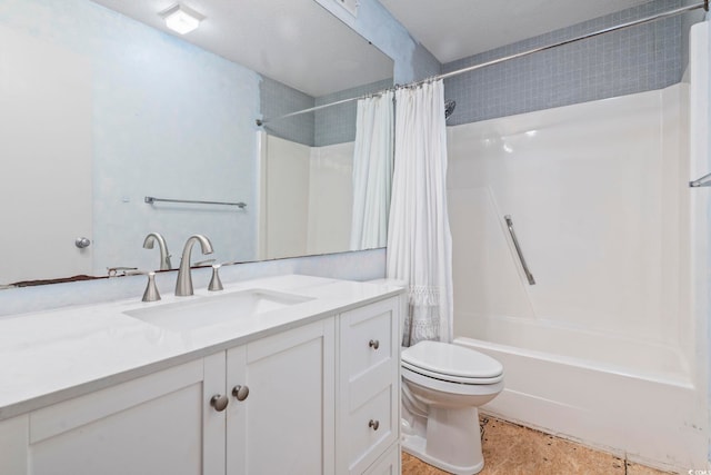 bathroom featuring shower / bathtub combination with curtain, vanity, and toilet