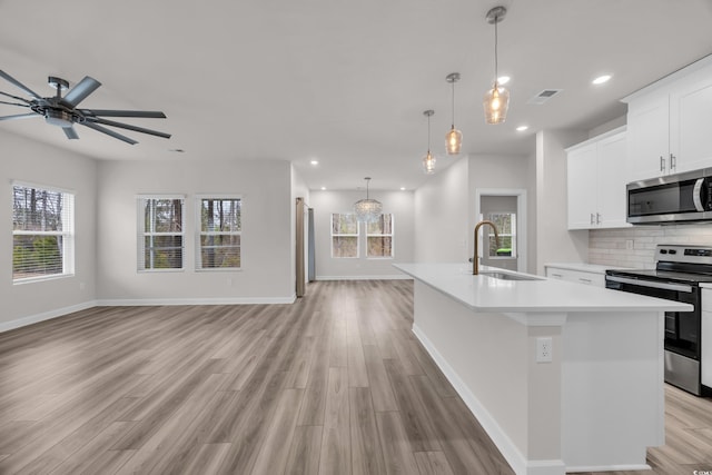 kitchen with stainless steel appliances, decorative backsplash, open floor plan, a kitchen island with sink, and a sink