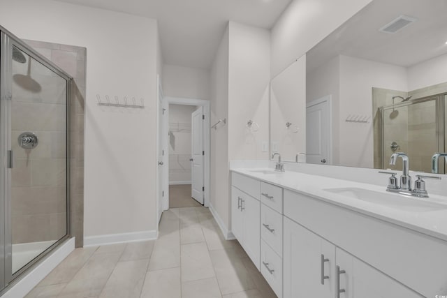 full bathroom featuring double vanity, a stall shower, a sink, and visible vents