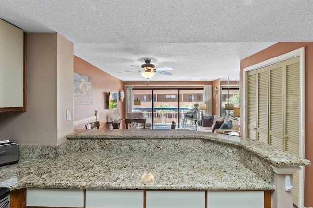 kitchen featuring light stone countertops, a textured ceiling, ceiling fan, and open floor plan