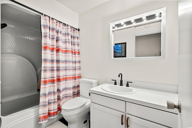 full bathroom with toilet, shower / bath combination with curtain, and vanity