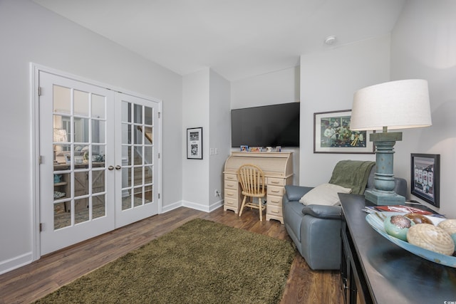 office area featuring baseboards, dark wood finished floors, and french doors