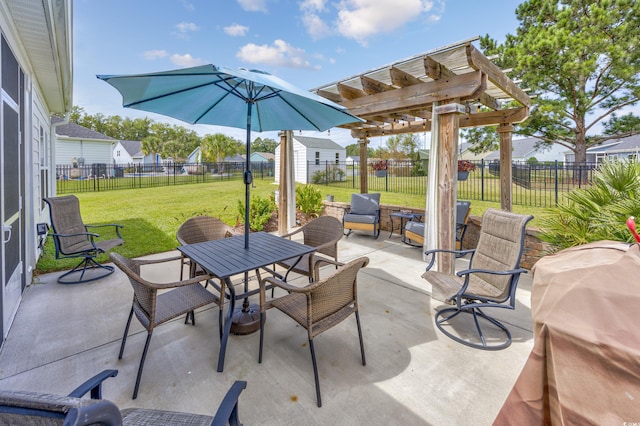 view of patio / terrace with outdoor dining area, a fenced backyard, grilling area, and a pergola