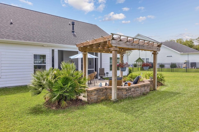 view of yard with a patio area, fence, and a pergola