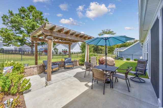 view of patio / terrace with outdoor dining area, a fenced backyard, and a pergola