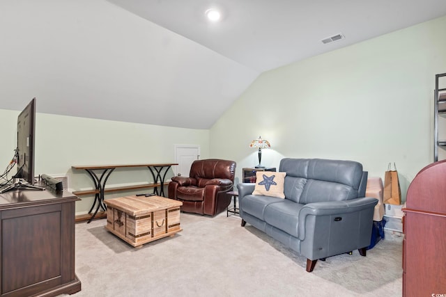 2476 Blue Crane Cir Unit 101, Myrtle Beach, SC 29577 - living room featuring vaulted ceiling, visible vents, and light carpet