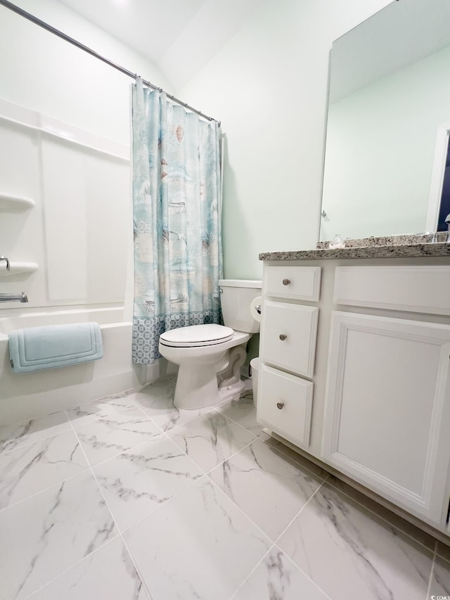 bathroom featuring marble finish floor, toilet, shower / bathtub combination with curtain, and vanity