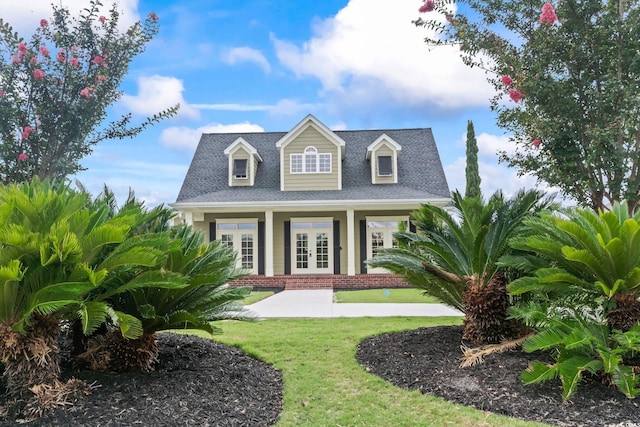 cape cod home featuring roof with shingles, a front yard, and french doors