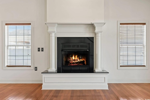 details with a lit fireplace, wood finished floors, and baseboards