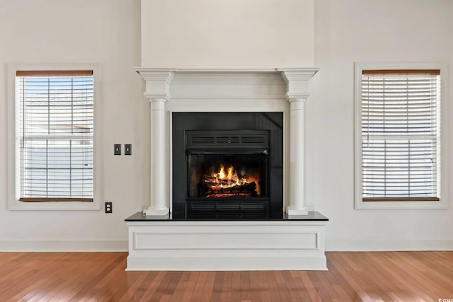 interior details with baseboards, a lit fireplace, and wood finished floors