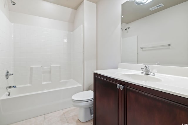 full bathroom with toilet, shower / tub combination, visible vents, tile patterned flooring, and vanity