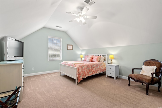 bedroom featuring light carpet, vaulted ceiling, visible vents, and baseboards