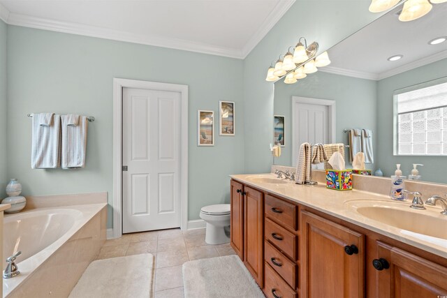 full bathroom featuring a bath, tile patterned flooring, crown molding, and a sink