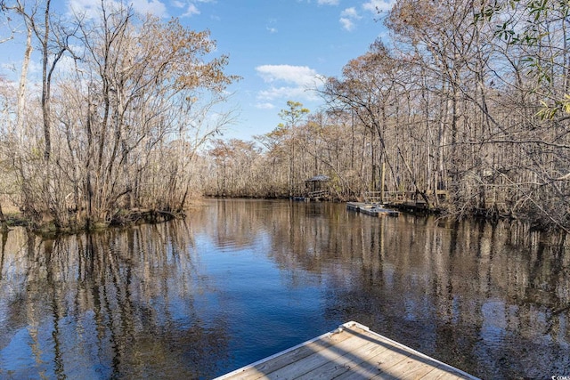 dock area with a water view and a wooded view