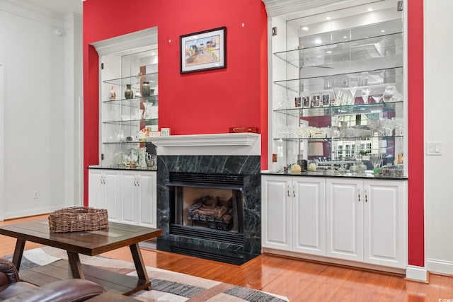 bar featuring a dry bar, light wood finished floors, and a fireplace