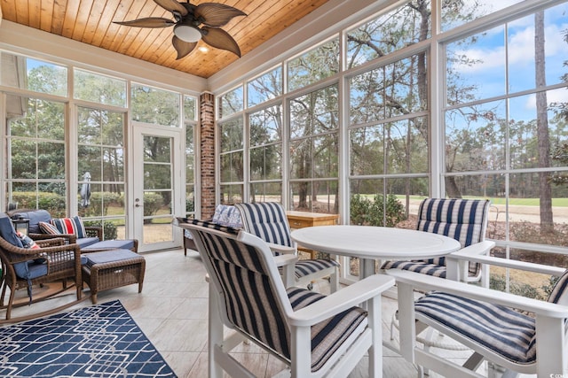 sunroom / solarium with wood ceiling and a ceiling fan