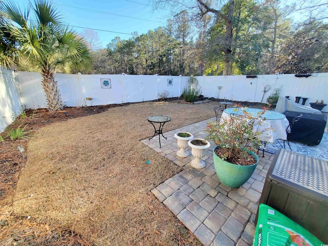 view of yard featuring a patio area and a fenced backyard