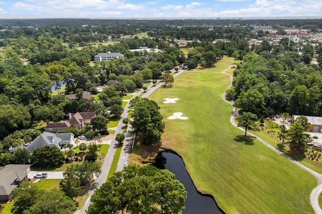 bird's eye view featuring a water view and golf course view