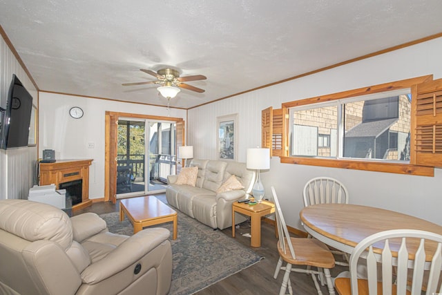 living room featuring ceiling fan, a textured ceiling, dark wood-type flooring, a fireplace, and crown molding