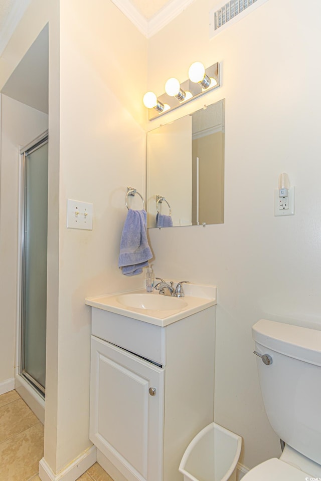 bathroom featuring a shower stall, visible vents, crown molding, and vanity