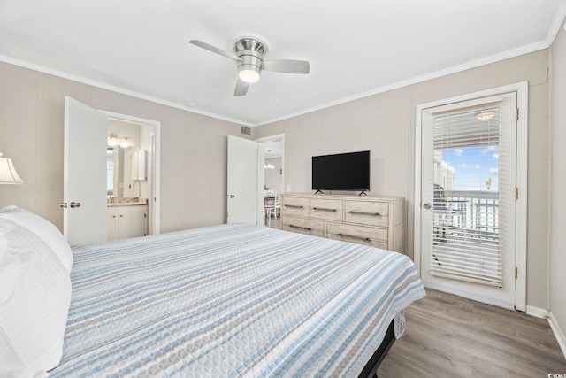 bedroom featuring ensuite bathroom, a ceiling fan, access to outside, ornamental molding, and light wood-type flooring