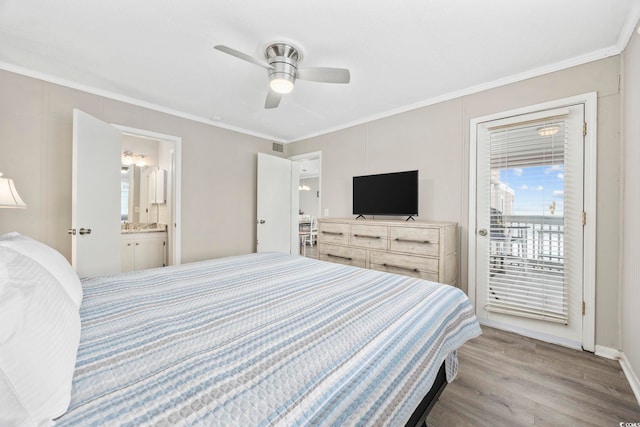 900 N Waccamaw Dr Unit 303, Murrells Inlet, SC 29576 - bedroom with access to outside, ornamental molding, wood finished floors, connected bathroom, and a ceiling fan