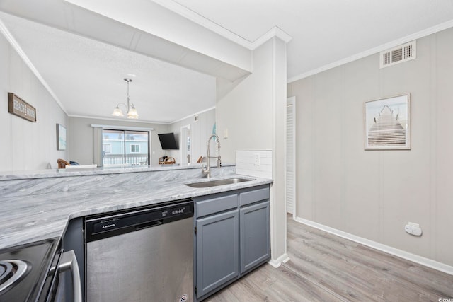 kitchen featuring ornamental molding, visible vents, a sink, and stainless steel dishwasher