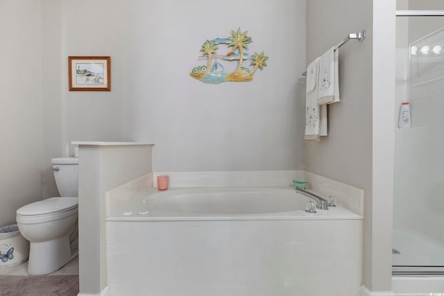 full bathroom with a stall shower, tile patterned flooring, a garden tub, and toilet