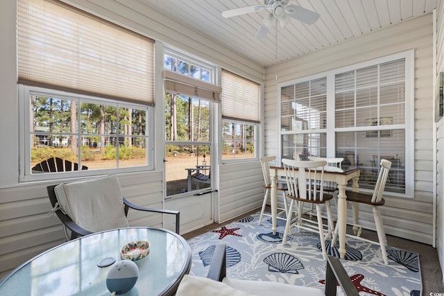 sunroom / solarium with wood ceiling and ceiling fan