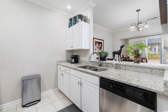 kitchen with ornamental molding, hanging light fixtures, stainless steel dishwasher, white cabinetry, and a sink