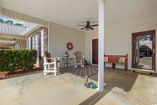 view of patio / terrace with a porch and a ceiling fan