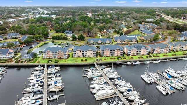 aerial view featuring a residential view and a water view