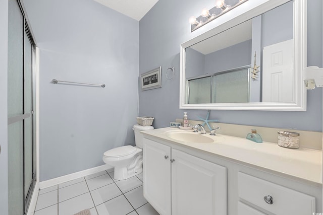 full bathroom with tile patterned flooring, a shower with door, vanity, and toilet