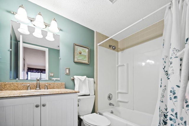 full bath with toilet, shower / bathtub combination with curtain, a textured ceiling, and vanity