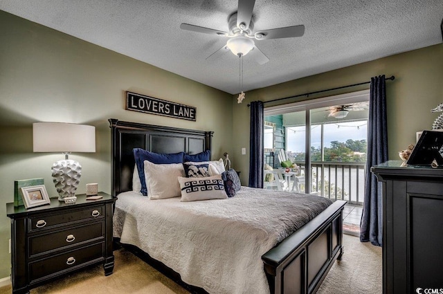 bedroom featuring access to outside, light carpet, ceiling fan, and a textured ceiling