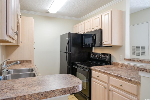 kitchen featuring crown molding, light tile patterned floors, a sink, a textured ceiling, and black appliances