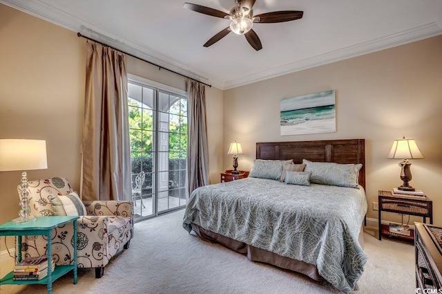 bedroom featuring access to outside, ornamental molding, ceiling fan, and light colored carpet