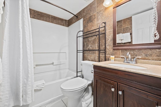 bathroom featuring tile walls, shower / bath combination with curtain, backsplash, toilet, and vanity