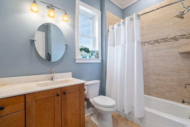 full bathroom featuring vanity, toilet, and shower / tub combo with curtain