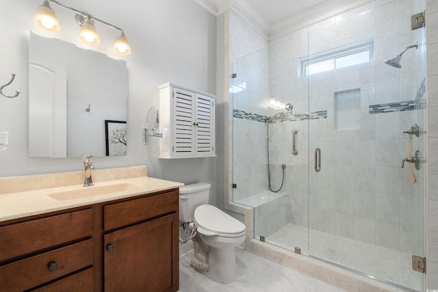 bathroom featuring crown molding, vanity, toilet, and a shower stall