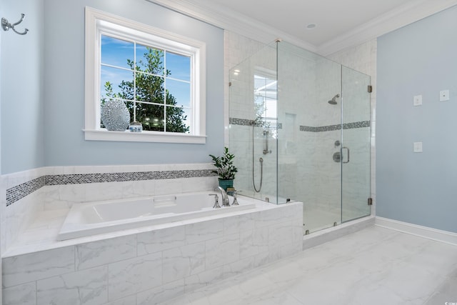 bathroom with a stall shower, baseboards, ornamental molding, marble finish floor, and a bath