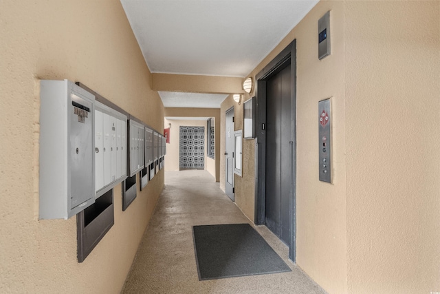 corridor with mail area, carpet flooring, and a textured wall