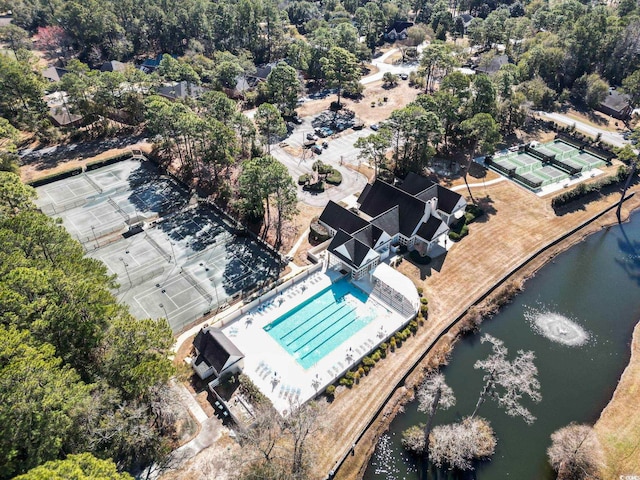 drone / aerial view featuring a water view