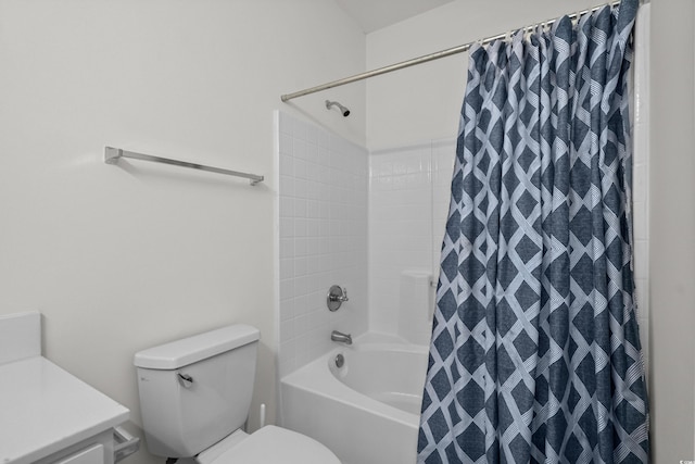 bathroom with toilet, shower / tub combo with curtain, and vanity