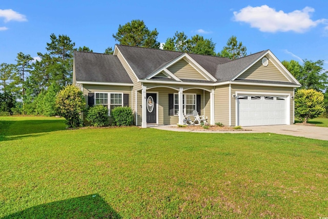 view of front of property featuring a garage, a porch, concrete driveway, and a front lawn