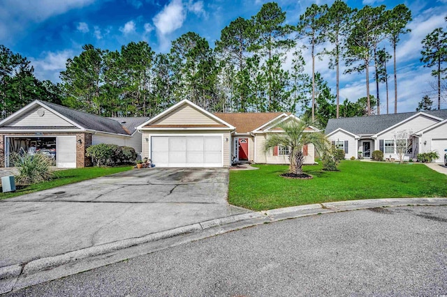 ranch-style house featuring an attached garage, a front lawn, and concrete driveway