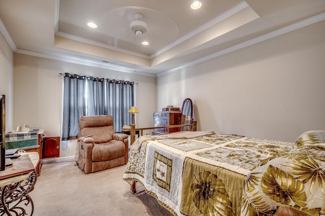 carpeted bedroom with ornamental molding, recessed lighting, a raised ceiling, and baseboards