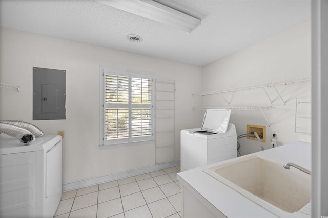 laundry room featuring visible vents, a sink, laundry area, electric panel, and independent washer and dryer