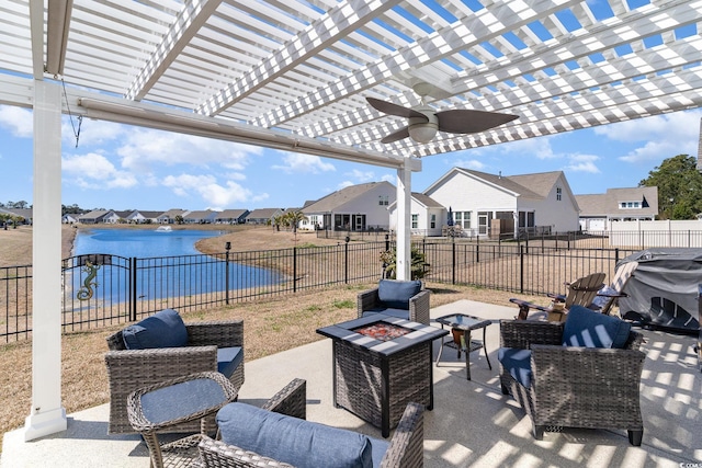 view of patio with a residential view, an outdoor living space with a fire pit, a fenced backyard, and a pergola